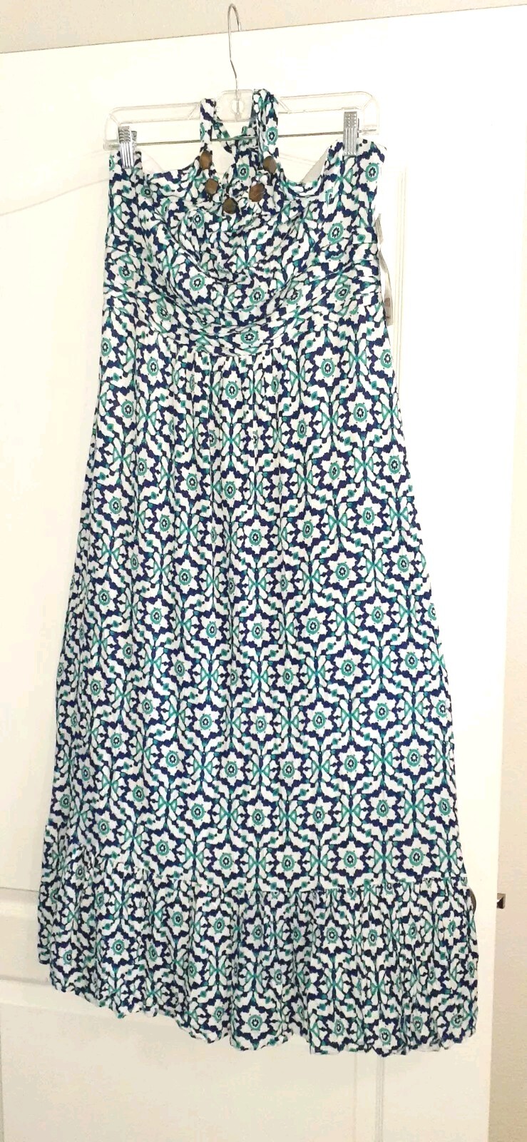 ROBBIE BEE 14 Blue Floral Halter Maxi Dress Ruffle Beaded Neck Elastic Back NEW