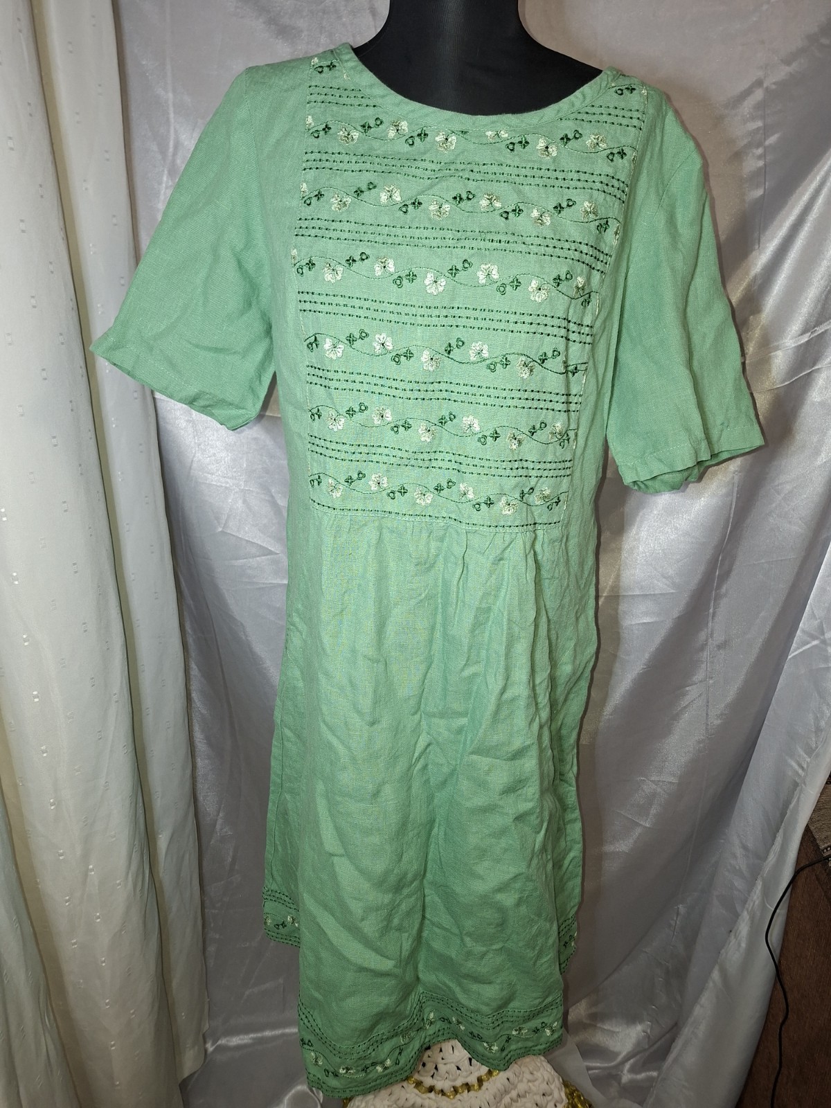 Pure Linen Green Embroidered Dress Cottagecore Boho Short Sleeve