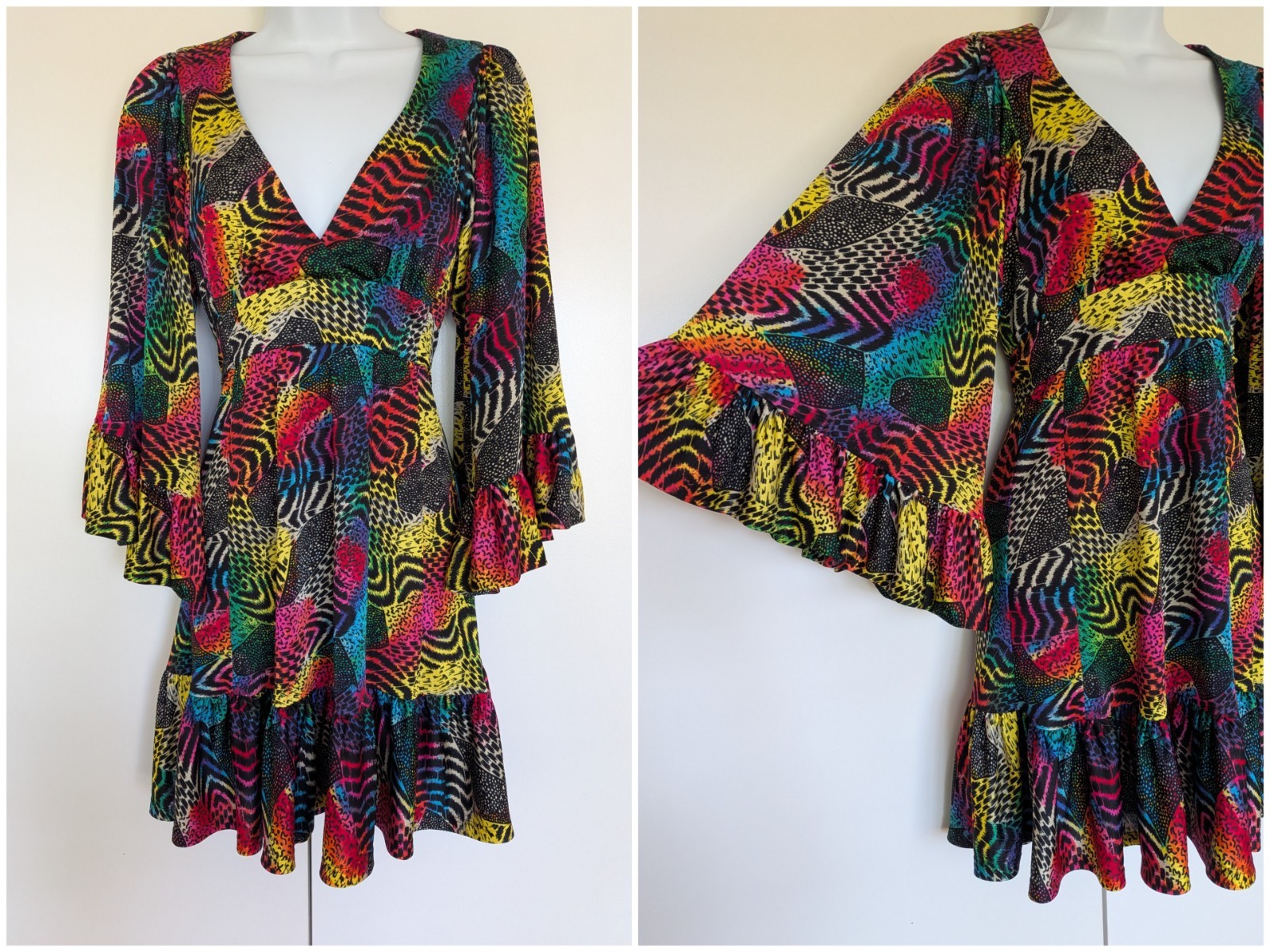 Betsey Johnson Rainbow Animal Print flutter sleeve empire tie waist dress Size 0