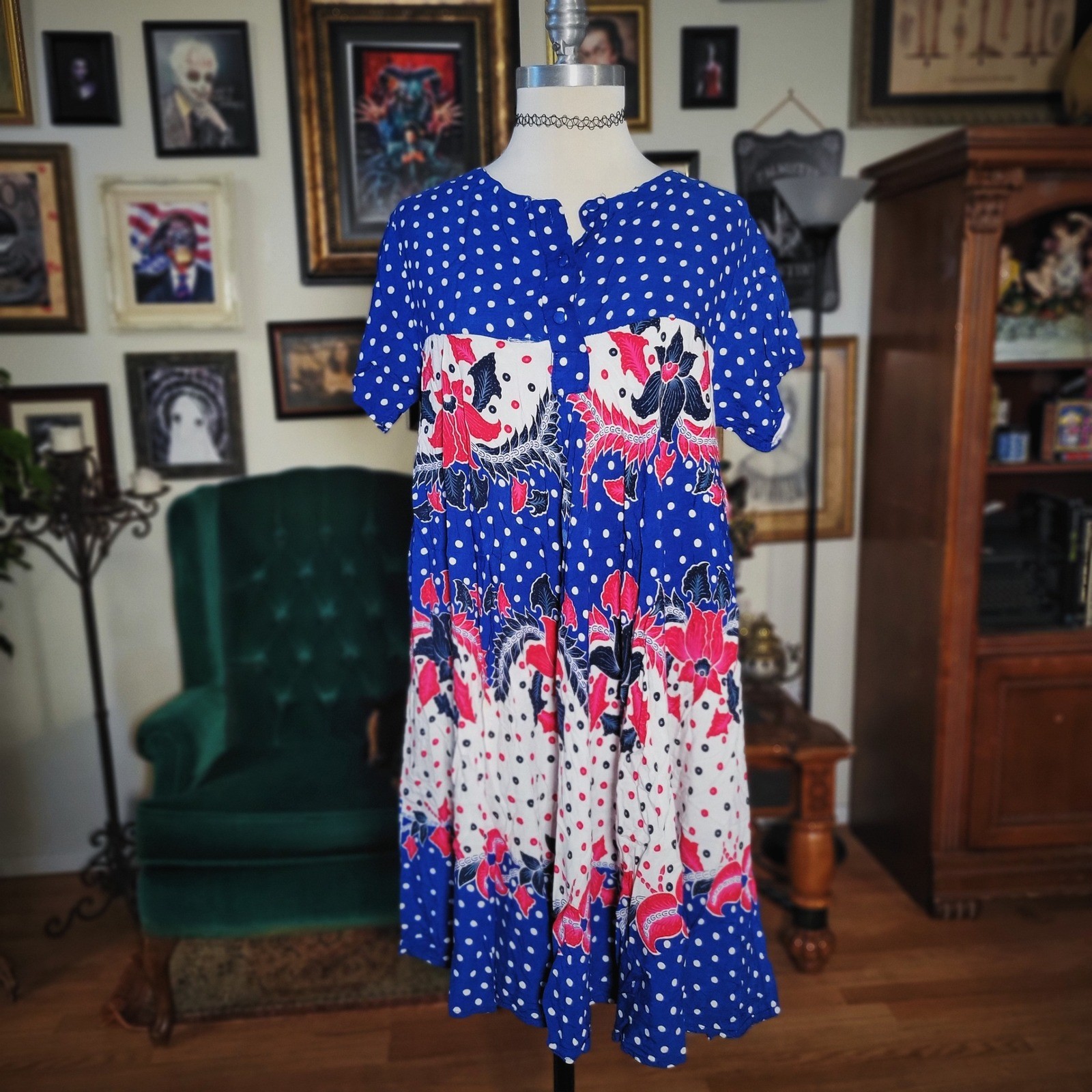 Vintage 80s Aladdin Batik Blue Floral Blue Polka Dot Midi Dress Women