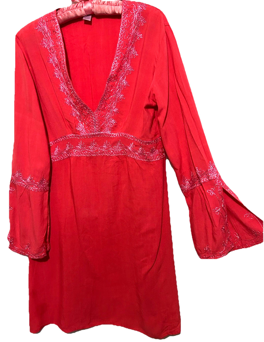 Calypso Dress M Kaftan Pink Embroidered Bell Sleeve Cotton Mini Beachy Boho