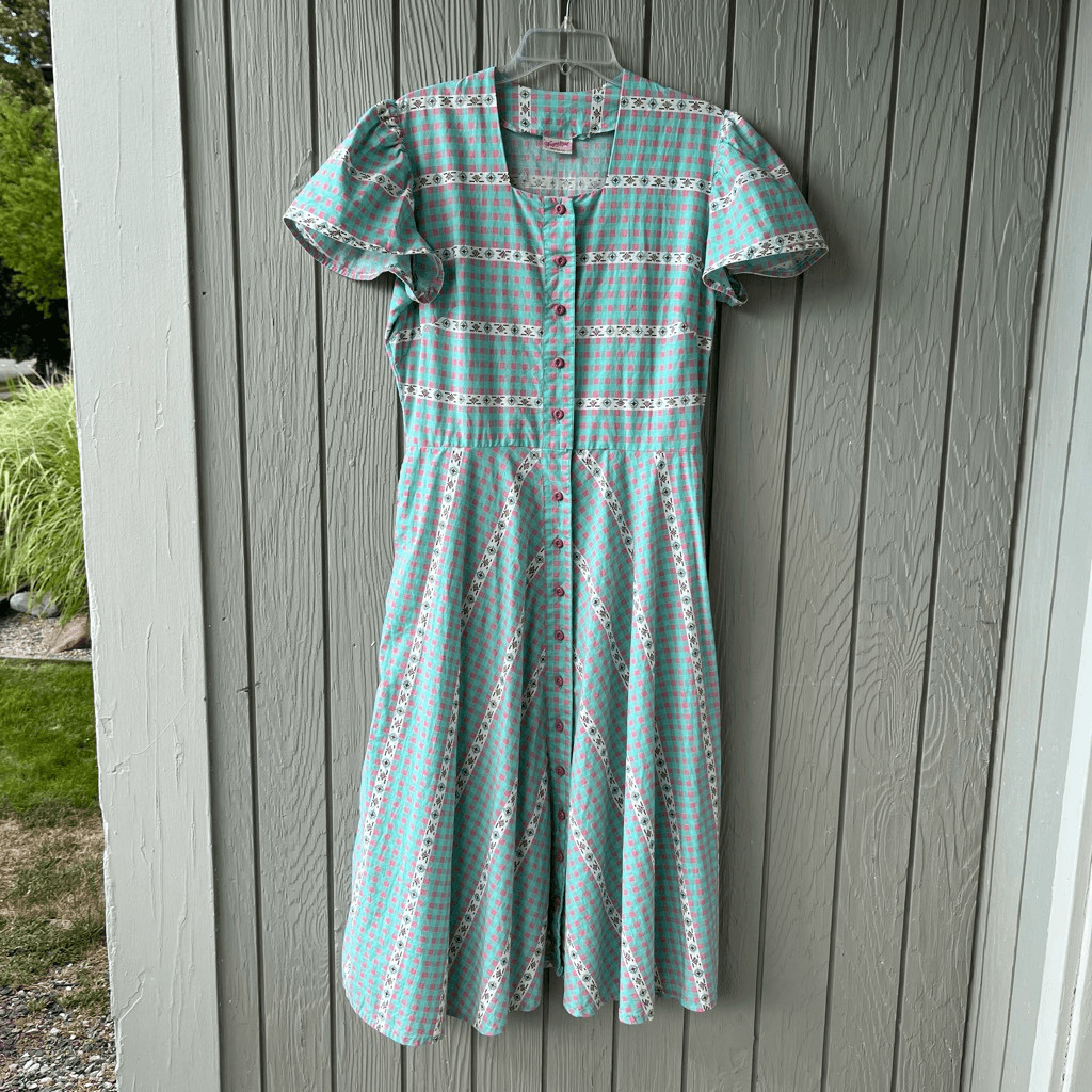 True Vintage Wayne Maid 1950s Gingham Shirtwaist Dress Pink & Turquoise, M/L