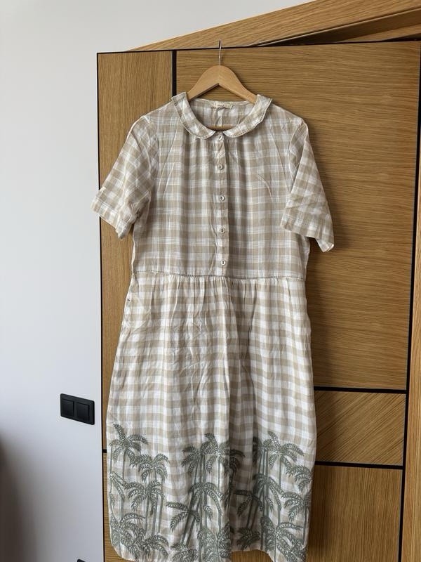 ⁠White Stuff Gingham Palm Tree Embroidered Cotton Midi Dress UK 14 L