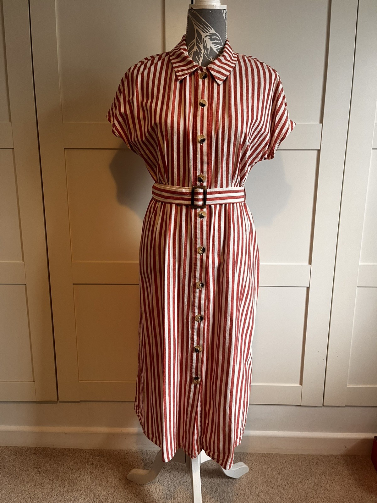 Vintage 1940s – 1950s Style Red White Striped Swing Tea Dress Size 12