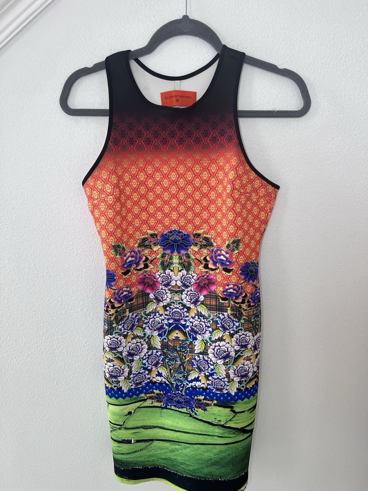 Clover Canyon Vibrant Orange and Green Bodycon Dress Medium