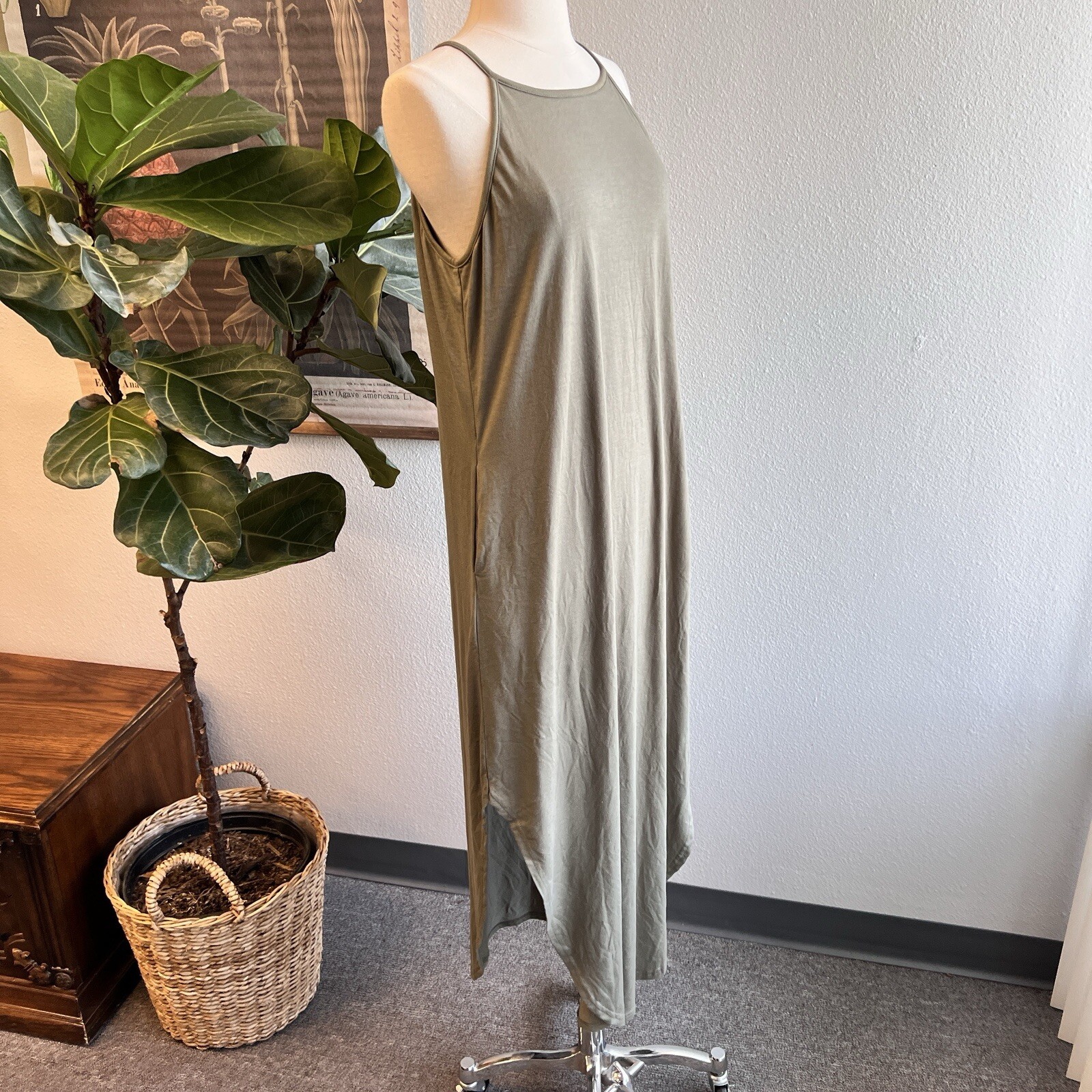 Anrabess Olive Green Maxi Sundress Pockets Casual Beachy Short Sz M