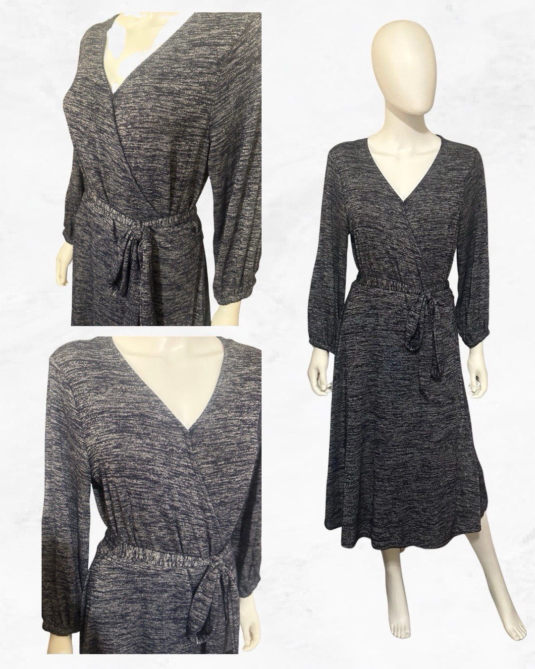 Gap Wrap Dress Tie Waist Navy Blue Heathered Gray 3/4 Long Sleeves Stretch Knit