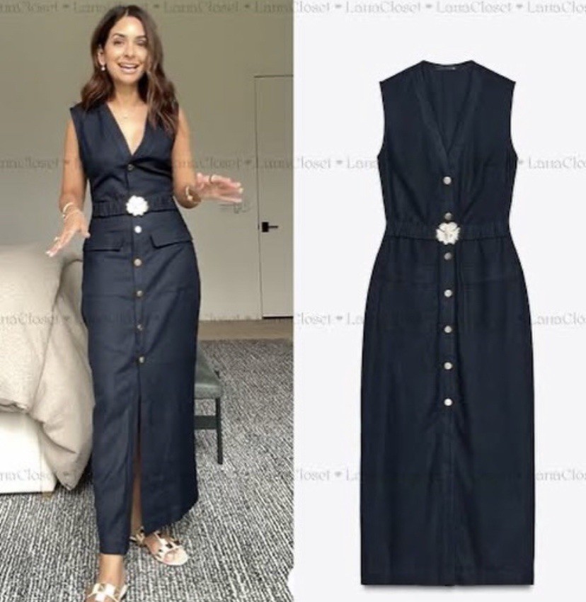 Zara SS25 Navy Blue Linen Blend Midi Dress with Belt Size S 8208/709