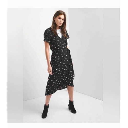 Gap Wrap Dress Womens M Black Floral Short Sleeve Midi Summer V Neck Sundress