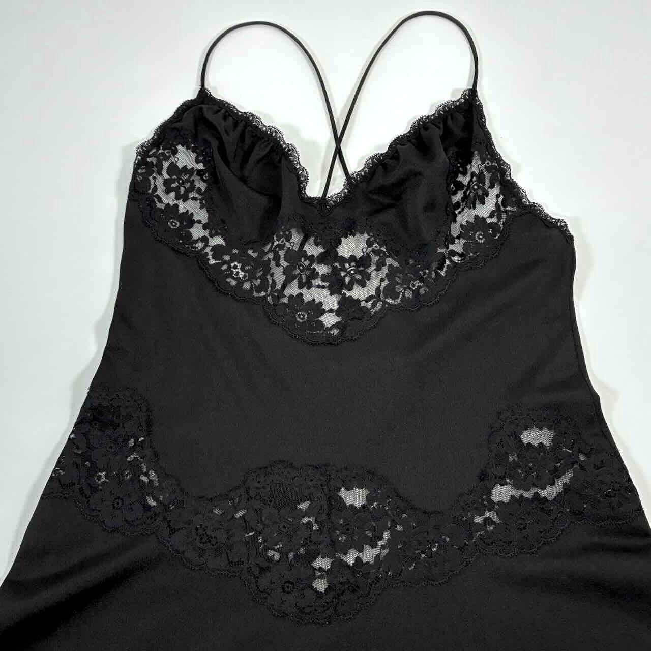 Vtg 80s Spaghetti Strap Black Slip Dress with Sheer Lace Panels – Small (34)