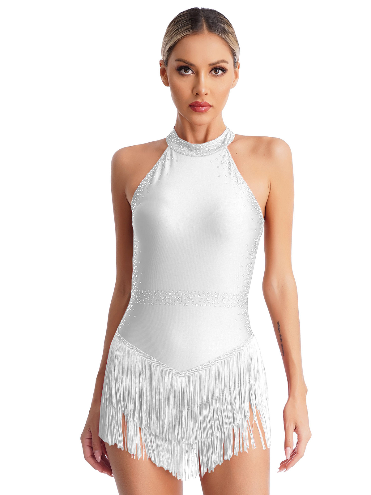 US Women’s Fringe Dance Leotard Skating Bodysuit Training Rompers Shiny Jumpsuit