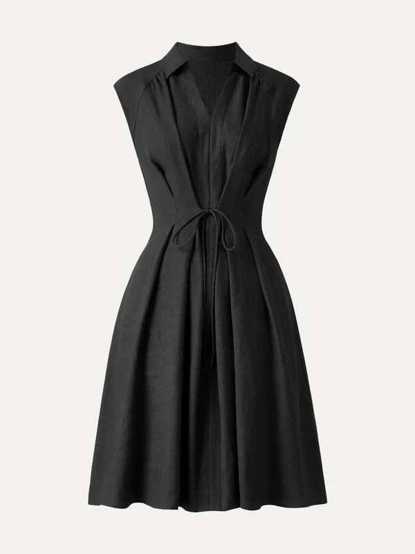 Women’s Collared V Neck Midi Dress Drawstring Waist Linen Blend Dress, Black