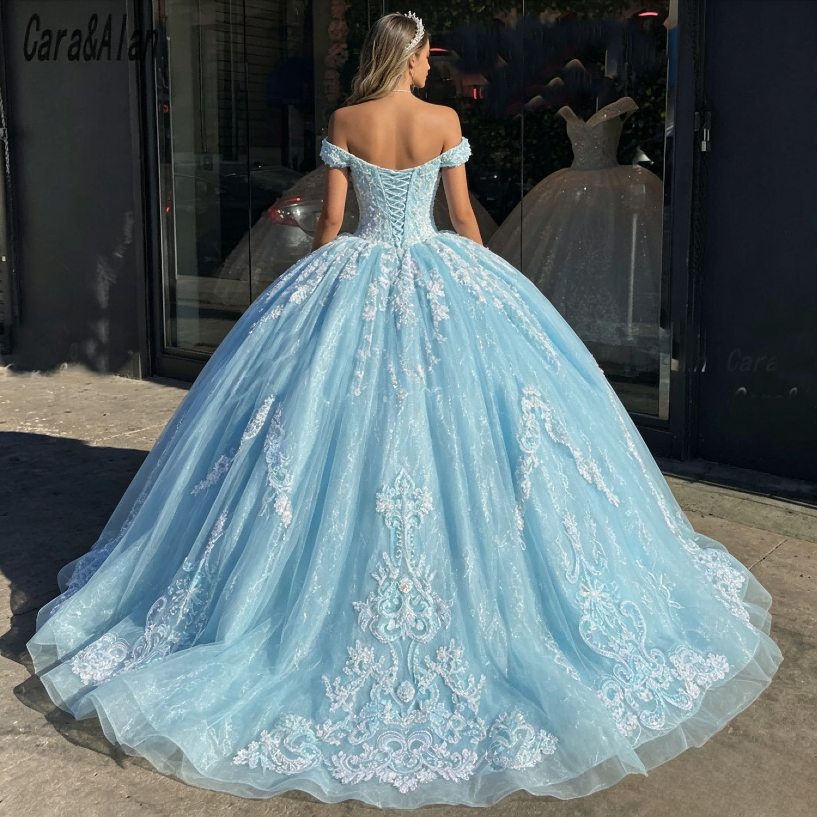 Light Blue Sequin Lace Quinceanera Ball Gown Sparkly Tulle Sweet 16 Dress