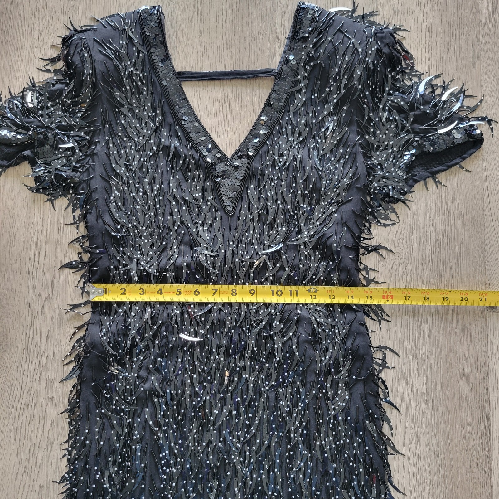 Vintage 100% Silk Black Polka Dots Sequined Beaded Fringe V-neck Dress Sz Medium