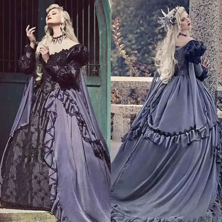 Vintage Gothic Off Shoulder Ball Gown Lace Satin Long Halloween Medieval Costume