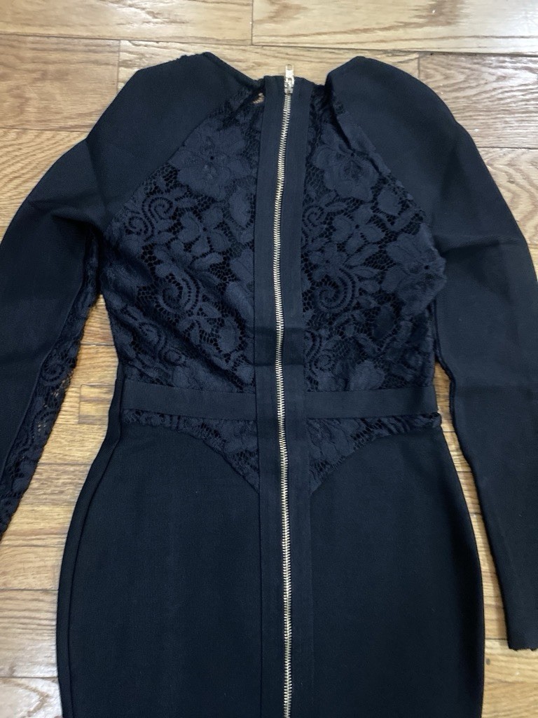 Black Lace Long Sleeve Bodycon Midi Evening Dress