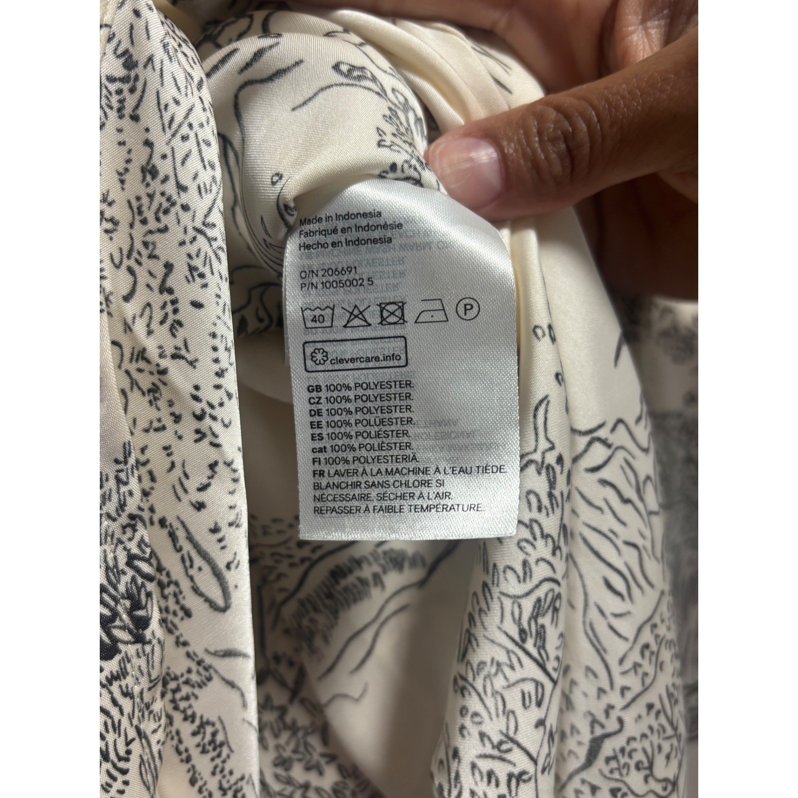 HM Womens Large Cream Black Scenic Toile Print Satin Shirt Dress Long Sleeve L