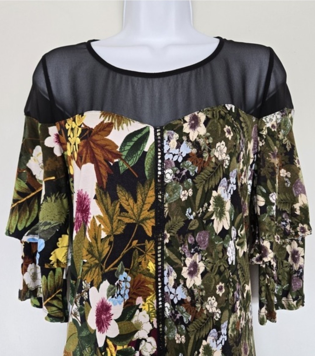 Desigual Morgana Floral Patchwork Dress Sze S Sheer Mesh Bell Sleeve Cottagecore