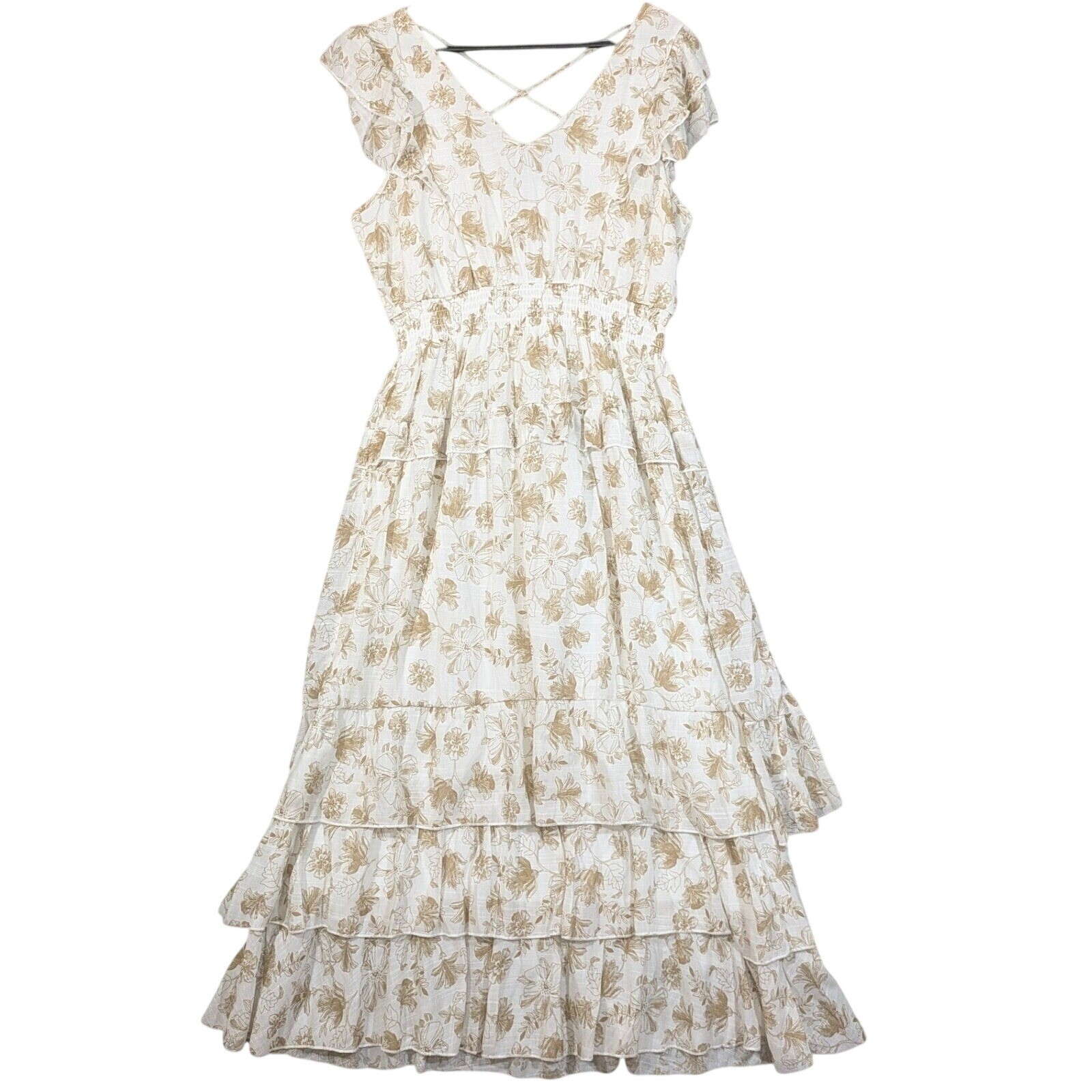 J Gee White Tan Floral Ruffled Maxi Dress Peasant Boho Cottagecore Size M