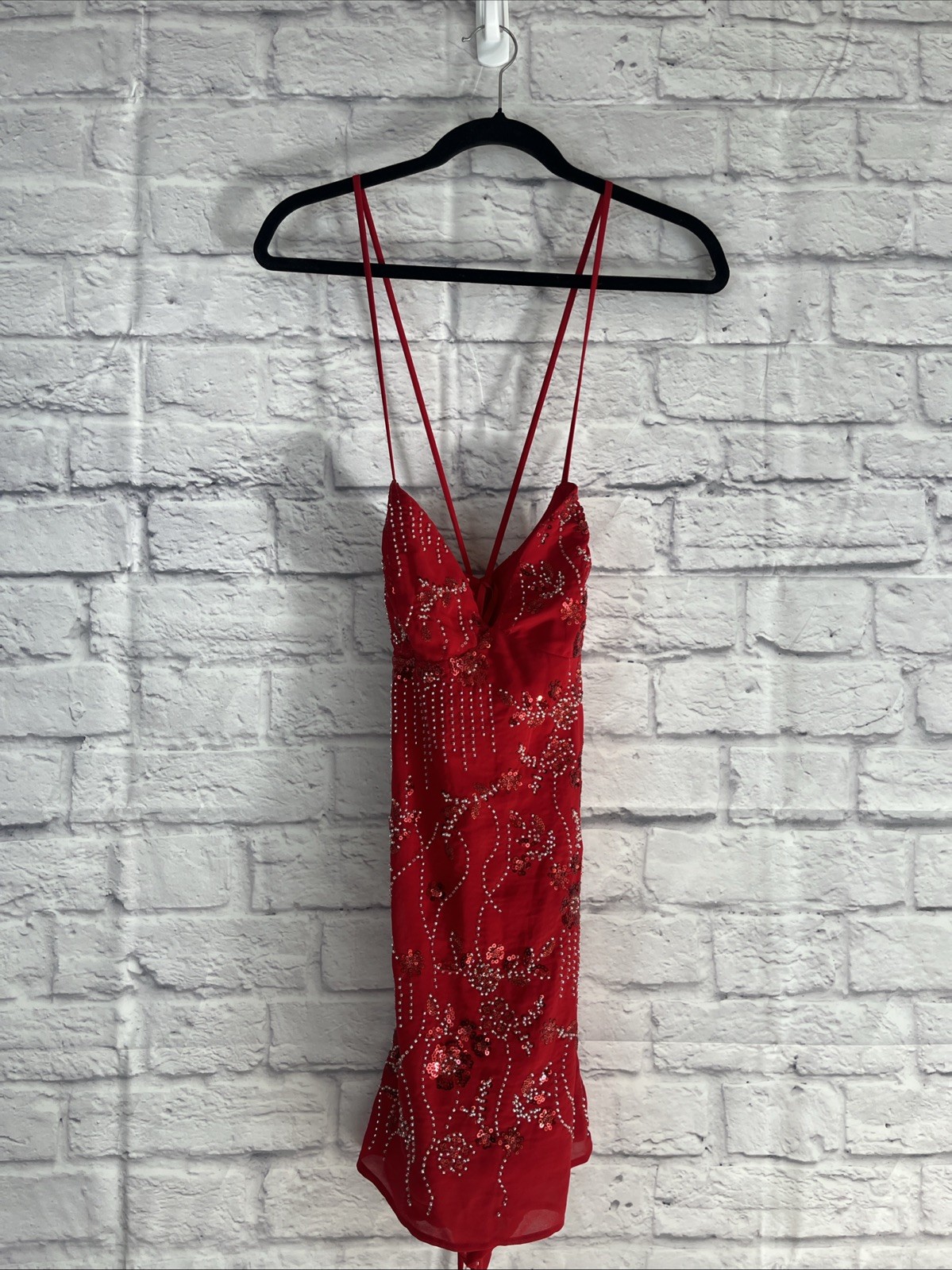 Windsor NWT Y2K Glam Red Sequin Beaded Lace Up Formal Party Mini Dress Small