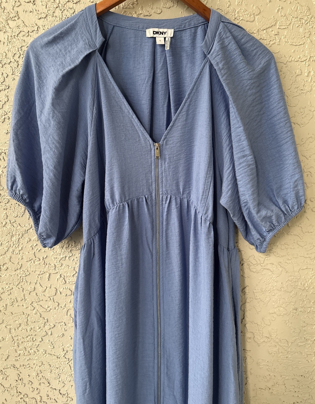 DKNY Light Blue Puff Sleeve Midi Dress Zip Front Tiered Peasant Small