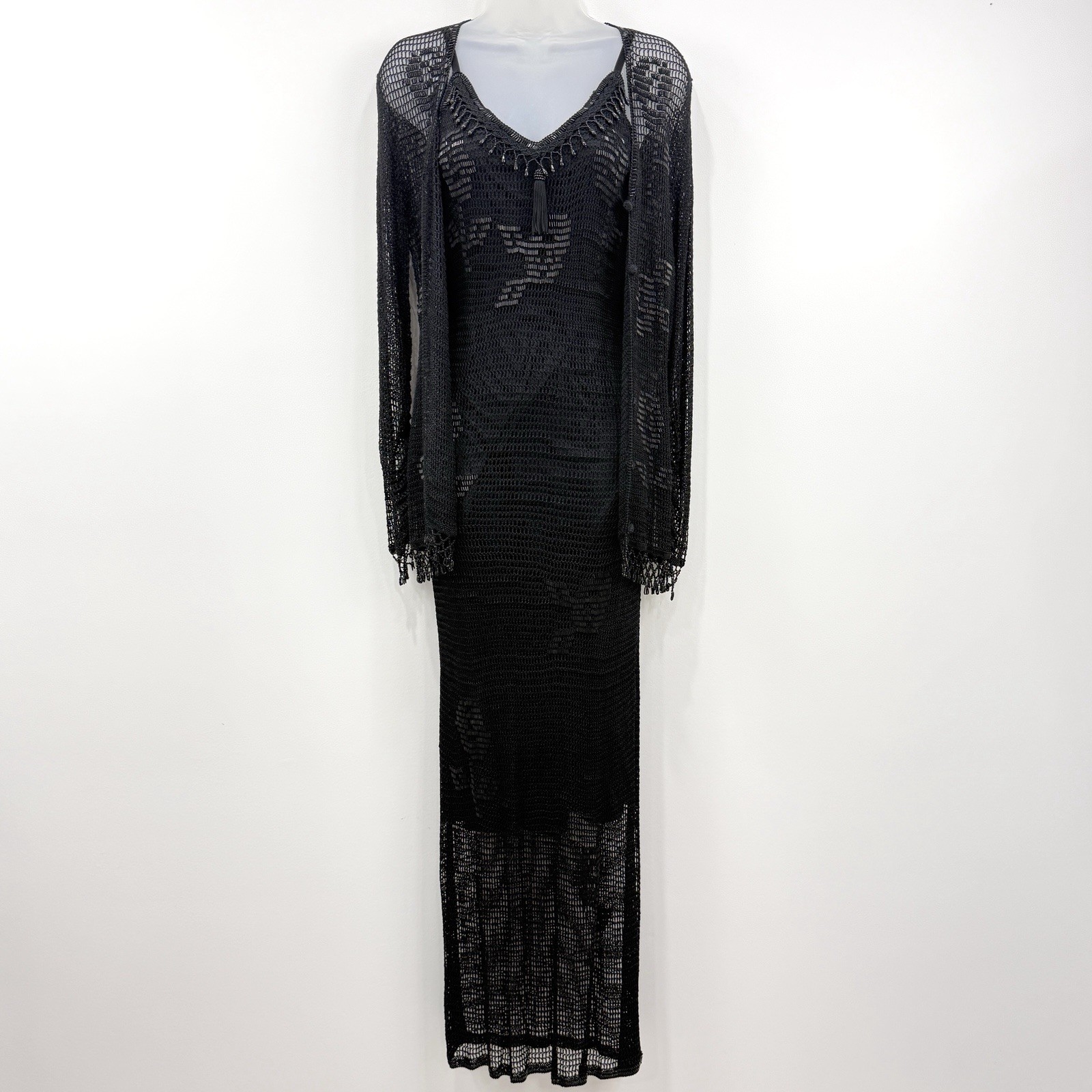 VTG 90s Y2K Sue Wong Beaded Crochet Slip Dress PS Whimsigoth Witchy Gala 2 Piece