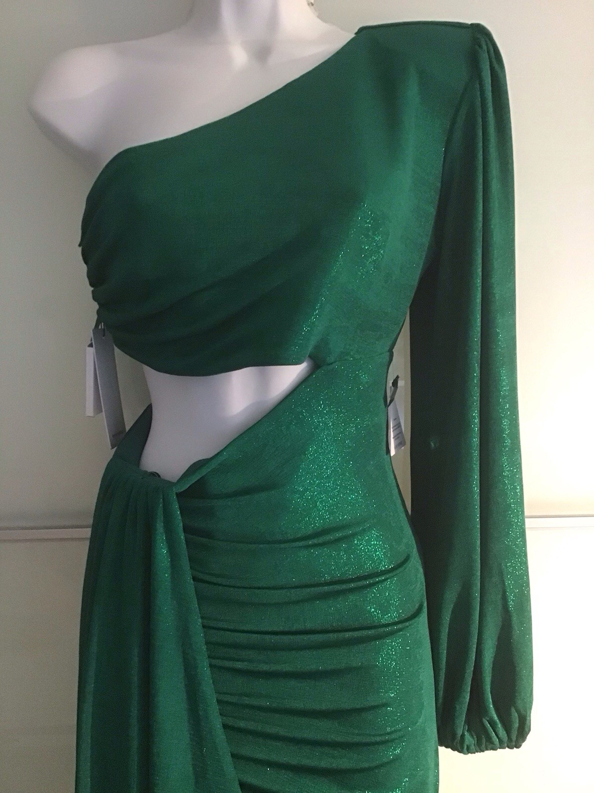 NADINE MERABI ONE SHOULDER MINI DRESS WITH FRINGE DITAIL NIKKI GREEN DRESS S/M