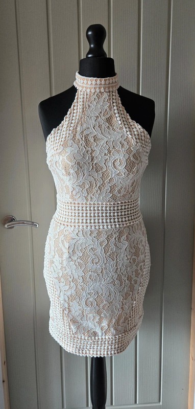 PrettyLittleThing Cream White Lace High Neck Halter Mini Dress Nude Lining UK