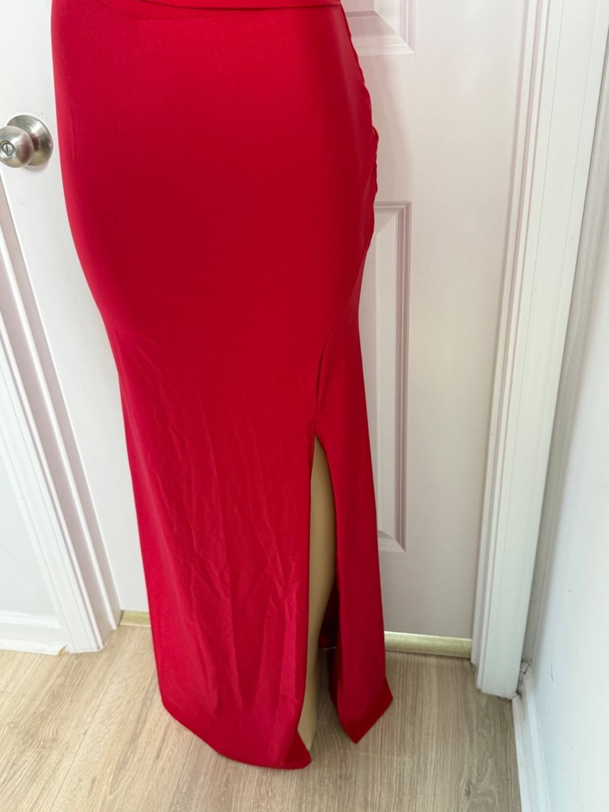 Red Sleeveless Plunging V-Neck Gown With Side Slit & Back Zipper Closure