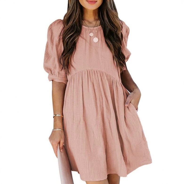 Fashionable Round-neck Three-quarter-sleeve A-line Solid-color Maxi Dress