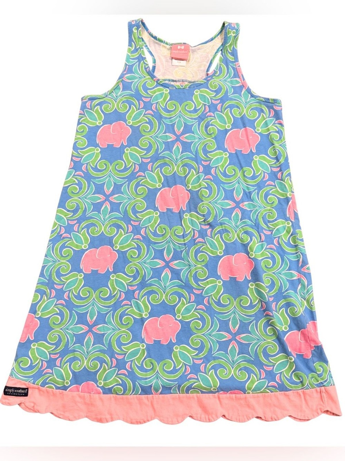 Simply Southern Blue Pink Elephant Print Sleeveless Tank Dress Scalloped Hem