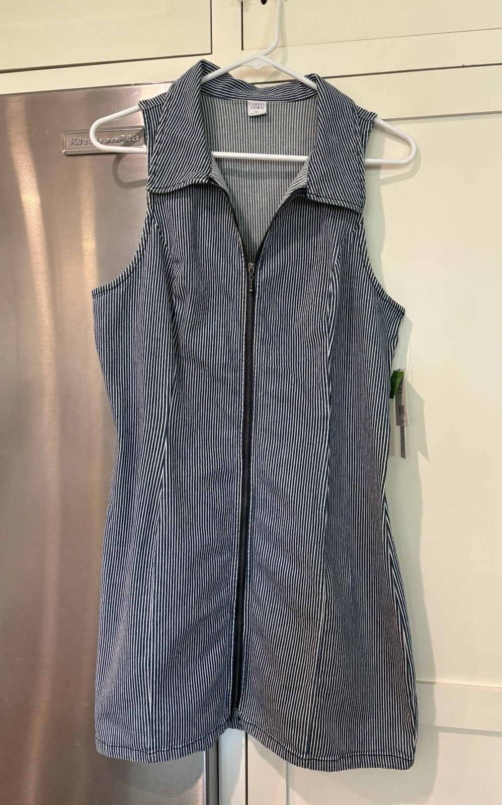 NWT Tinsel Town Jrs XL Blue & White Stripe Denim Zip-up Sleeveless Dress Stretch