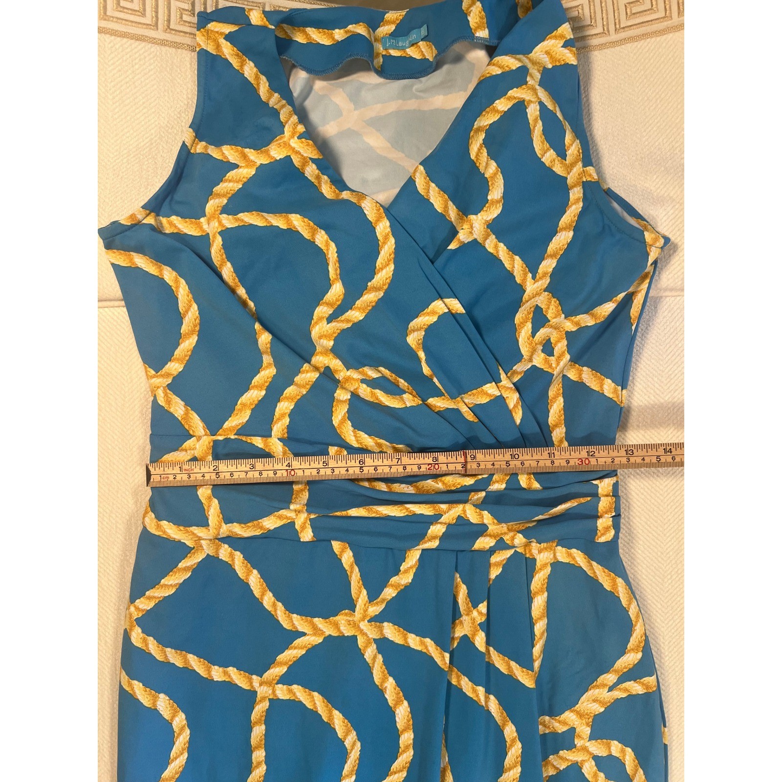 J.McLaughlin XS Blue Yellow Nautical Rope Print Faux Wrap Sleeveless Dress