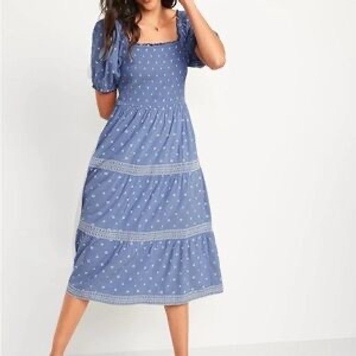 Old Navy Blue Floral Embroidered Smocked Puff Sleeve Tiered Midi Dress Large