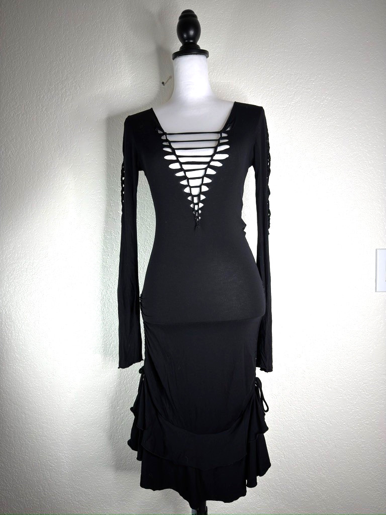 Y2K Black V-Neck Peep Cut Out Flare Bodycon Dress Halloween Goth Witch Sz S Sexy