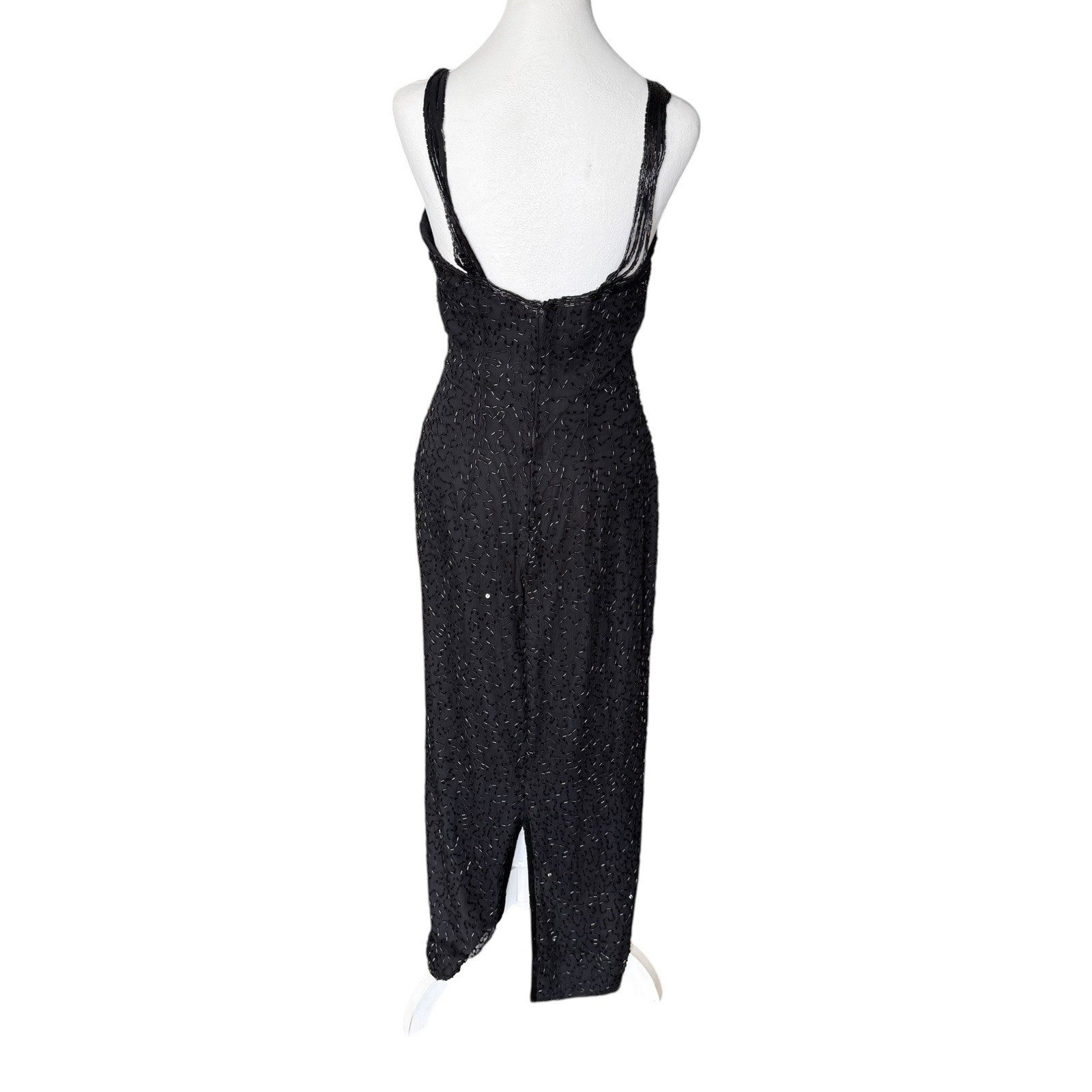 Vintage Scala 100% Silk Black Beaded Evening Gown Strappy Tank Bodycon Dress M