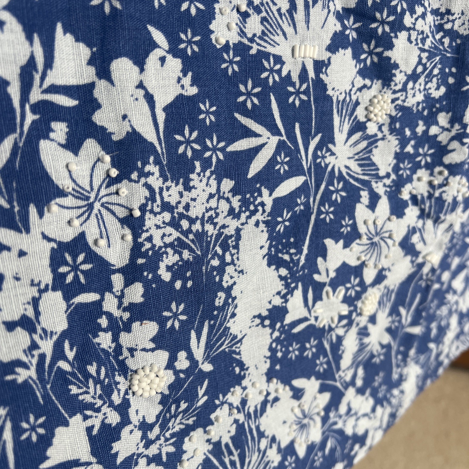 Per Una Dress UK 8 Blue White Floral Beaded Linen Cotton Blend Pockets Summer