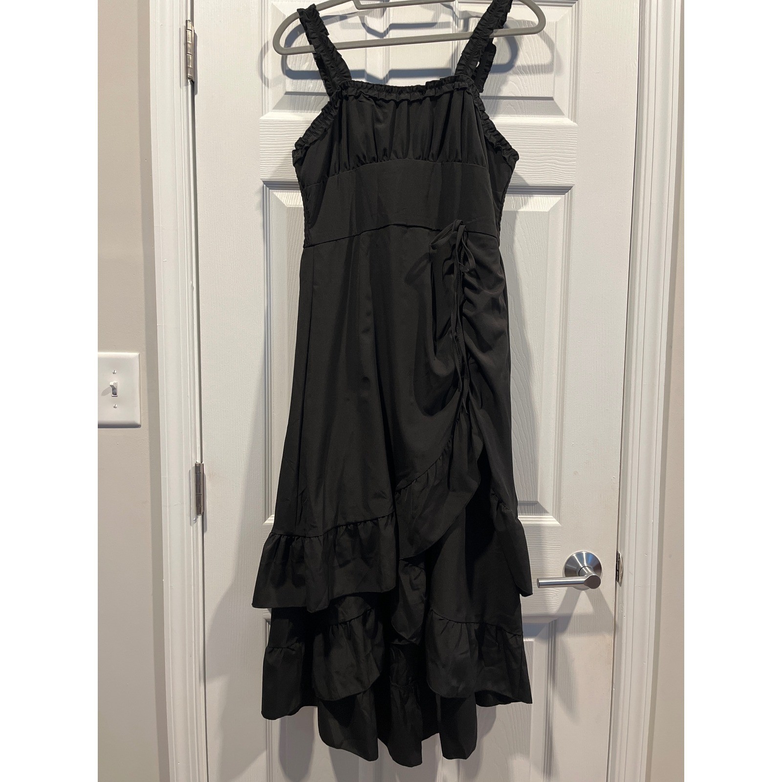 Black Ruffle Tiered Midi Dress Smocked Back High Low Asymmetrical Hem Sleeveless