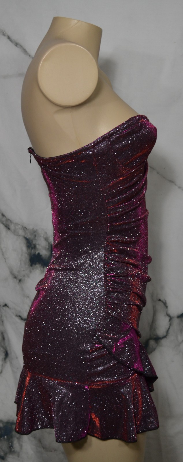 AKIRA Sparkly Purple Strapless Mini Dress XS Ruffle Hem Lined BodyCon Party