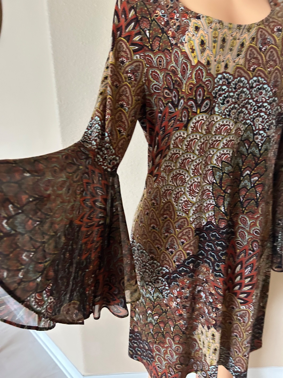 MSK Peacock-print Sheer-Bell-sleeve Multicolor Stretchy-Fabric Shift Dress M