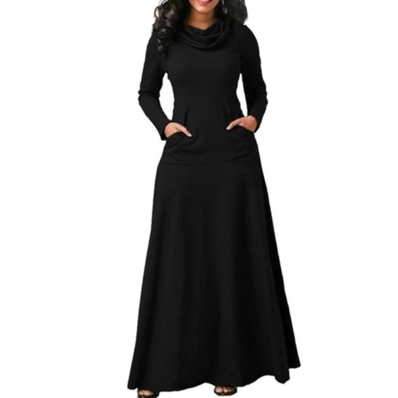 Plus Size 5XL Elegant Long Maxi Dress spring Winter Warm High Collar Women