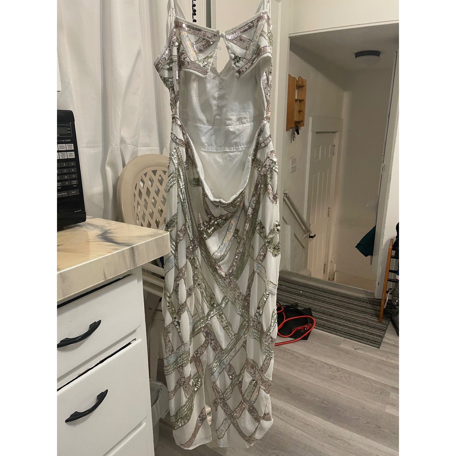 ASOS Embellished Sequin Midi Dress White Spaghetti Strap Open Back Formal Gown