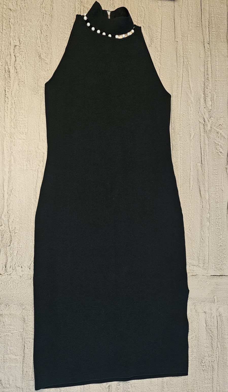 Women’s Black Halter Sheath Knee Dress Pearl Trim Knit Stretch Zip Size S