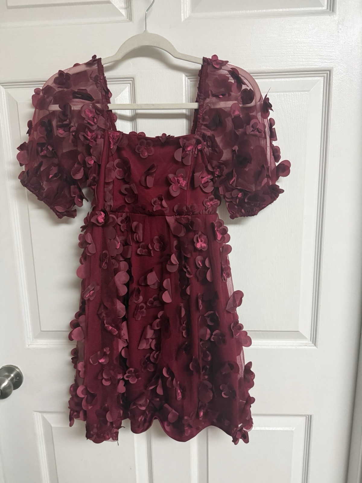TCEC Burgundy Women’s Mini Dress 3d Floral Empire Waste Puffy Sleeves Romantic M
