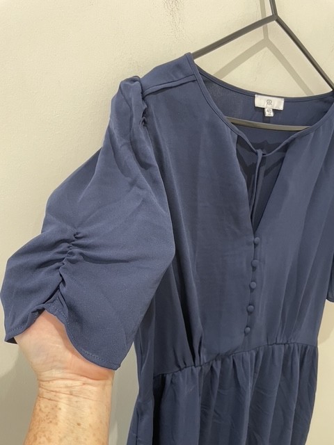 La Redoute Navy V-Neck Midi Dress Size 12 Short Puff Sleeves Draping RRP £52