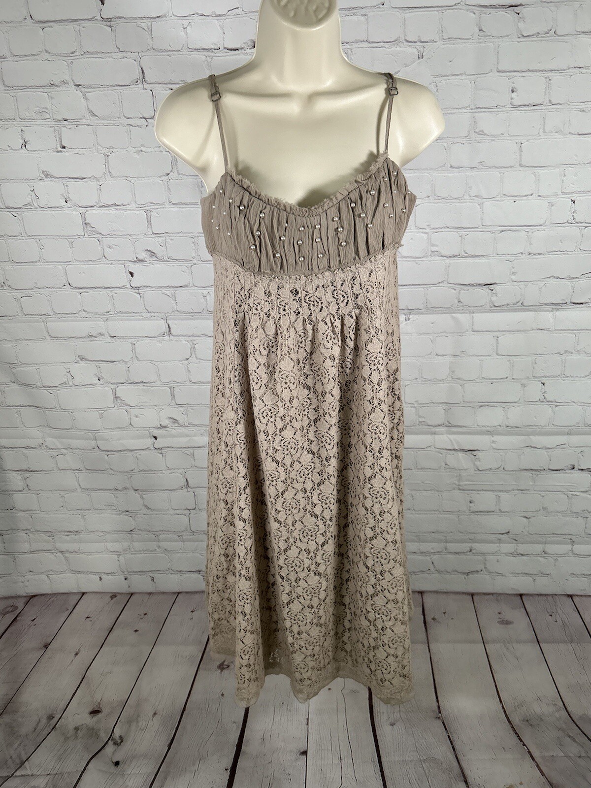 Intuitions Brown Floral Silk Blend Adjustable Spaghetti Strap Beaded Dress 4