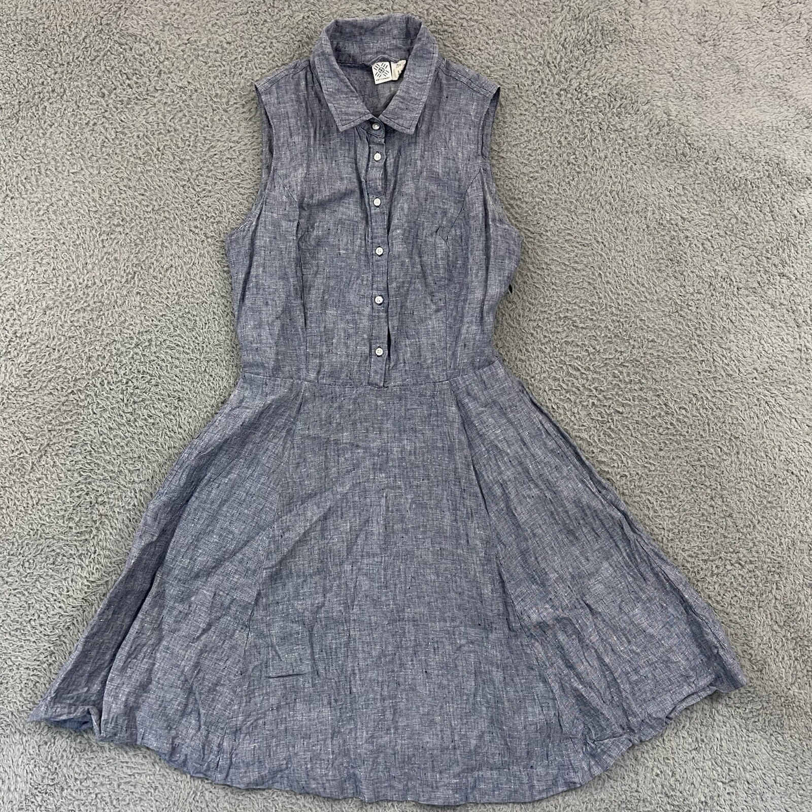 Artisan NY Dress Women’s 2 Blue Linen Sleeveless Pockets Button Belt Beach Boho