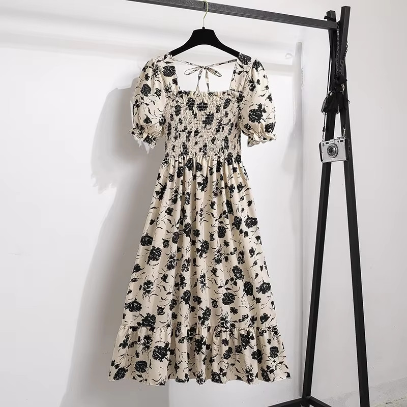 Chic Spring Summer Chiffon A-Line Dress with Elastic Waist and Short Sleeves