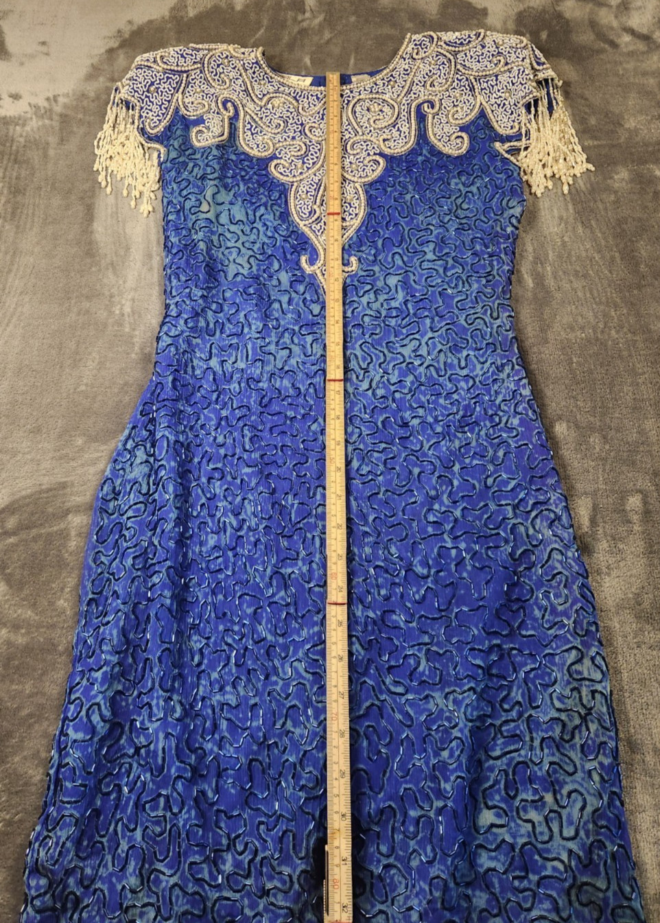 Scala Dress Womens Medium Blue Flapper Beaded Sequin Silk Short Fringe Z*