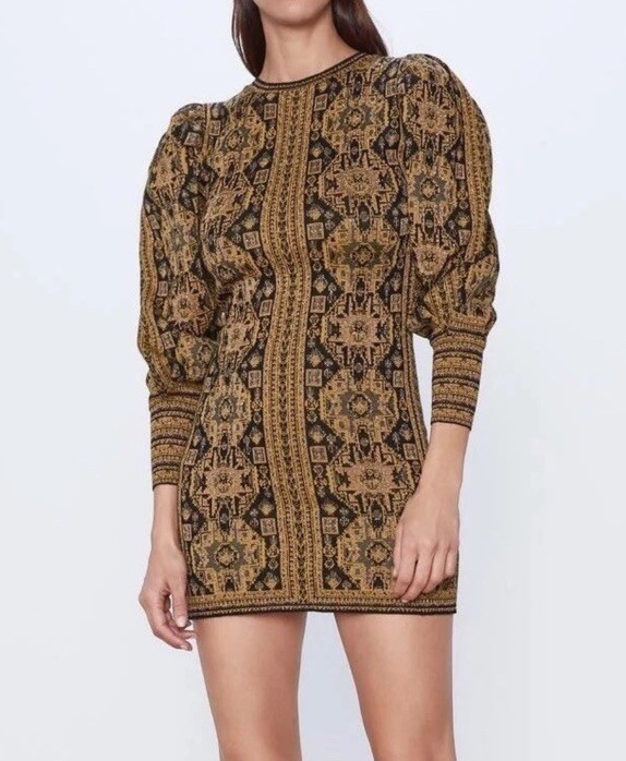 Zara Jacquard Knit Mini Dress Geometric Gold Black Puff Sleeve Size M NWT